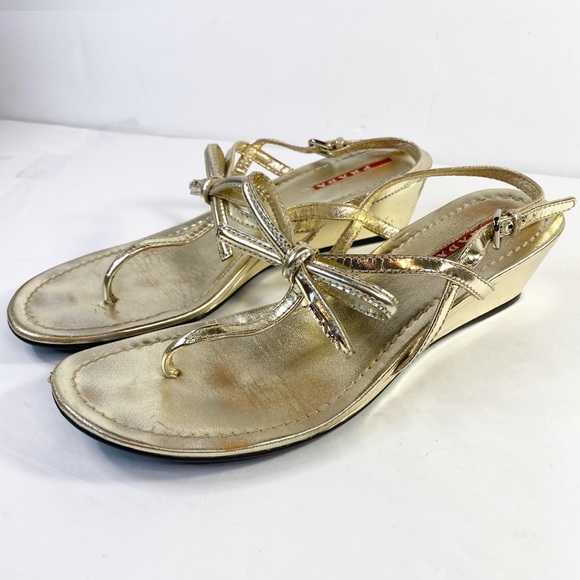 PRADA Metallic Gold Bow Wedge Sandal (38) - Picture 3 of 13